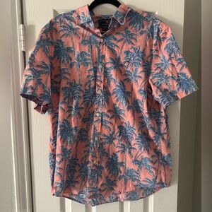 Vineyard Vines Shirt Mens L Pink Blue Palm Button Up Slim Fit Whale Short Sleeve